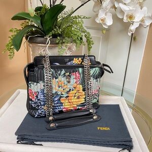 FENDI Black Lambskin Leather Quilted Floral Shoulder Crossbody Bag $3,300
